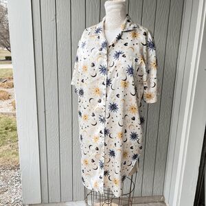 Vintage 90s Kathryn Celestial Sun Moon Print Button-Front Nightshirt Dress
